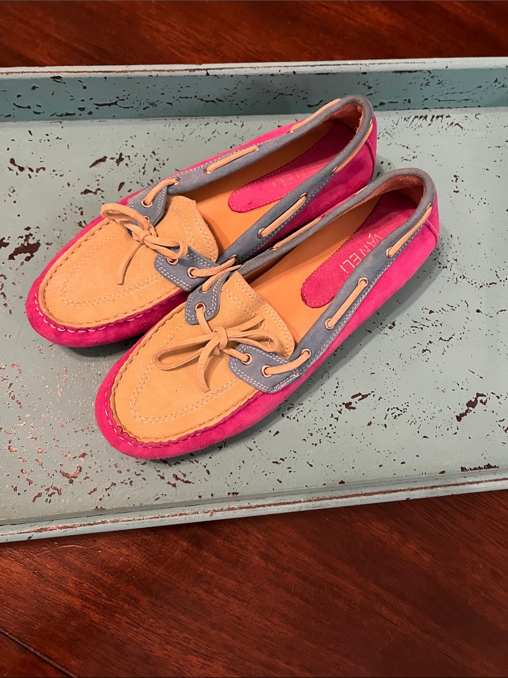 Vaneli Pink, Tan & Gray Suede Two-Tone Driving Loafers / Boat Shoes